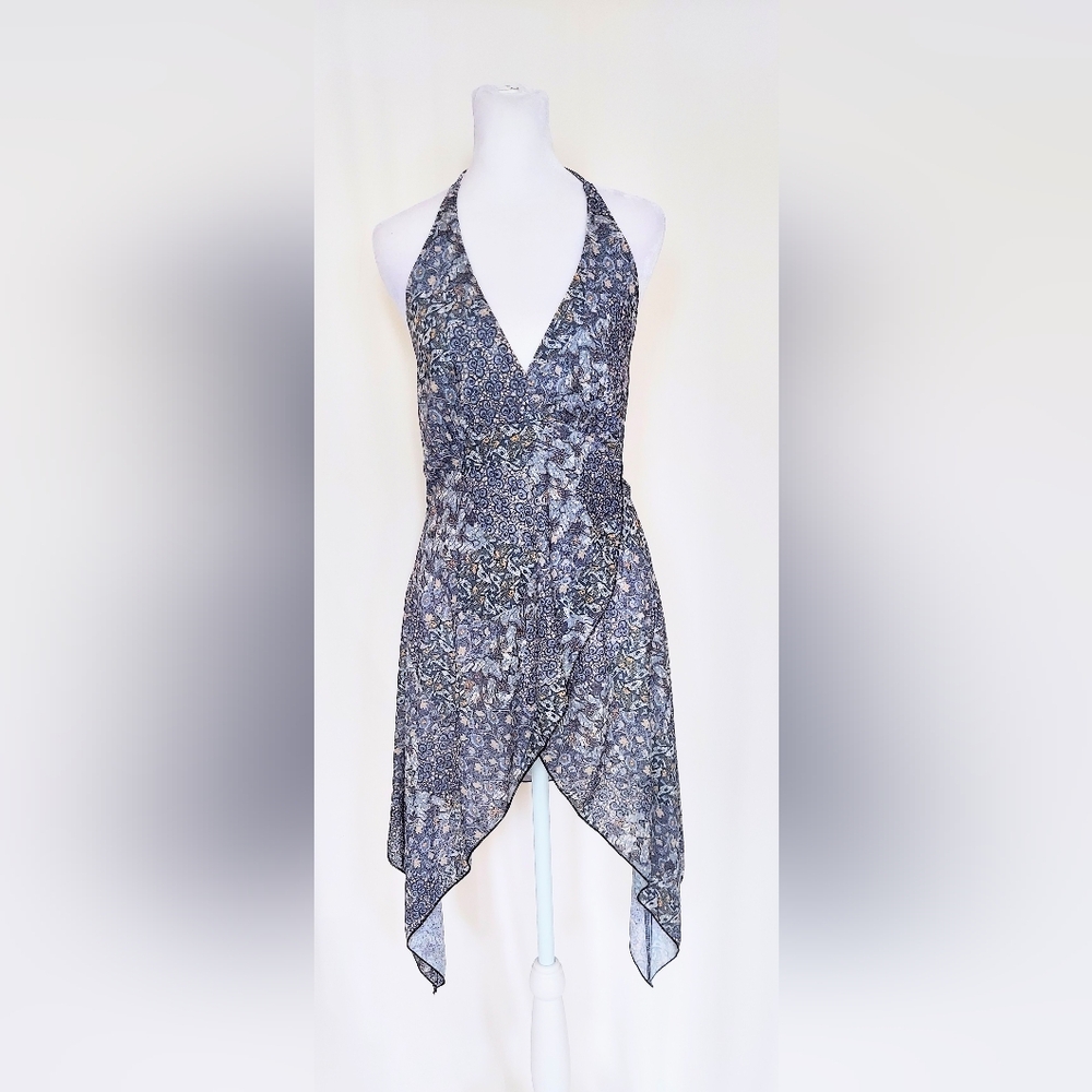 Giorgio Fiorlini Asymmetrical Tie Neck Halter Dress Blue Floral Size 12 Vintage
